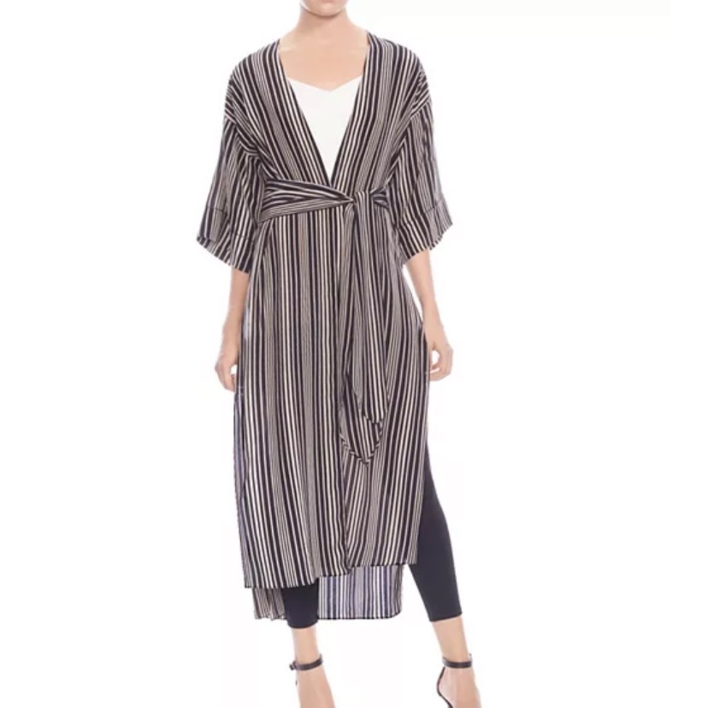 Halston Heritage Long V-Neck Self-Tie Kimono Jacket 100% Silk Sz - Picture 2 of 9